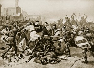 Stephen az 1141-es lincolni csatában fogságba esett, illusztráció a „Hutchinson története a brit nemzetről”, 1923 körül